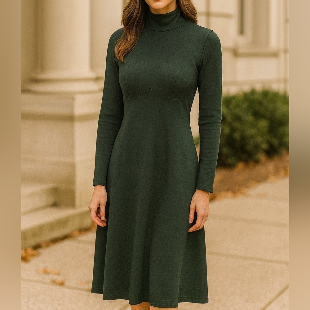 & Other Stories Forest Green Mock Neck Long Sleeve Jersey Midi Dress Size 2